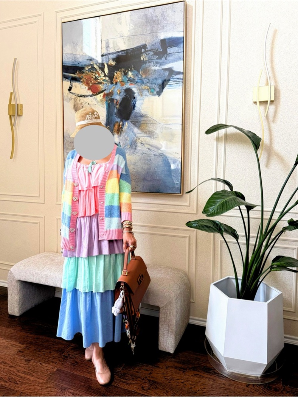 OLIVIA RUBIN Pastel Rainbow Maxi Dress with Striped Cardigan